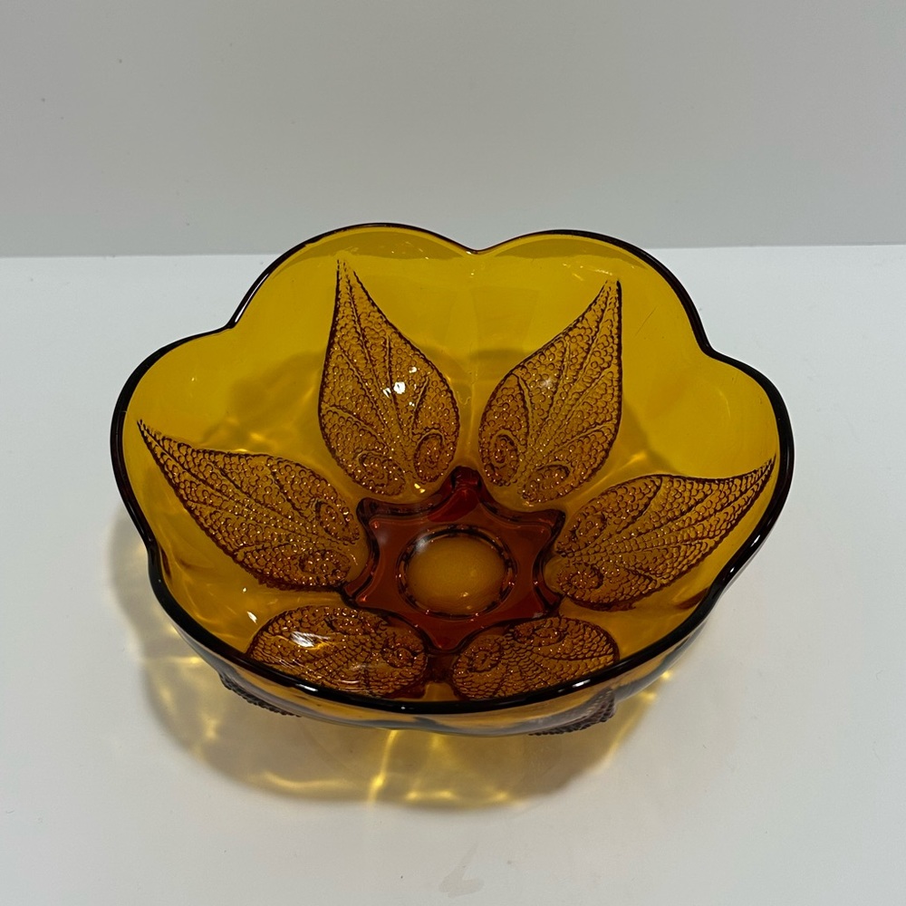 Vintage Anchor Hocking Amber Candy Dish With Pebbled Leaves